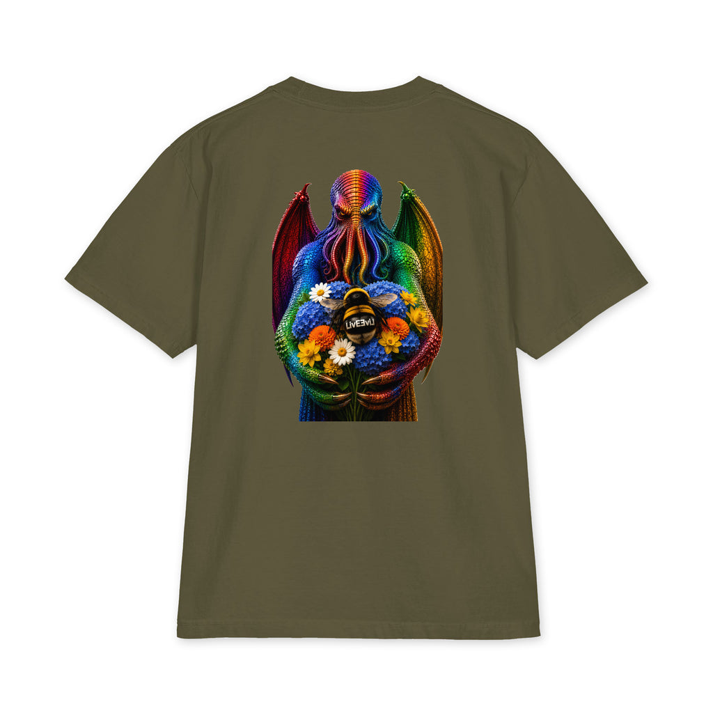 Cthulhu's Beautiful Flowers LivEƎvi⅃ Big & Tall heavyweight graphic tee in hunter green, back view
