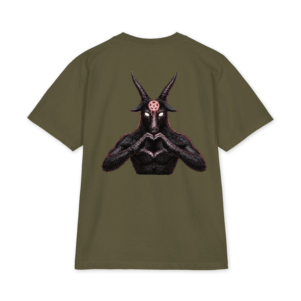 Baphomet Loves You LivEƎvi⅃ Big & Tall heavyweight graphic tee in hunter green, back view