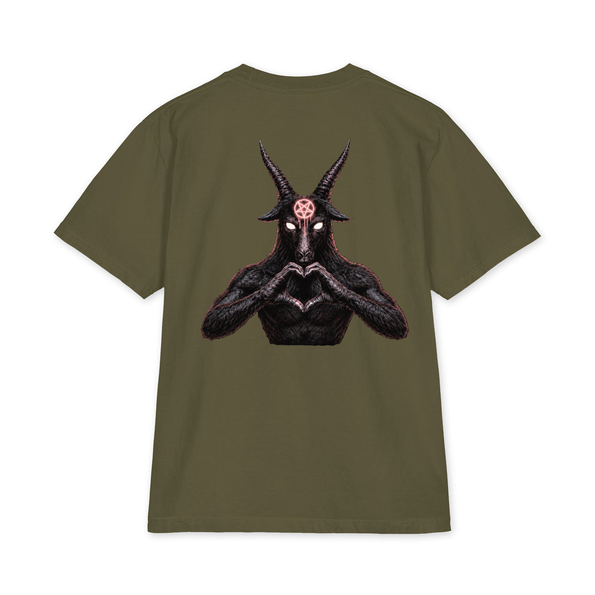 Baphomet Loves You LivEƎvi⅃ Big & Tall heavyweight graphic tee in hunter green, back view