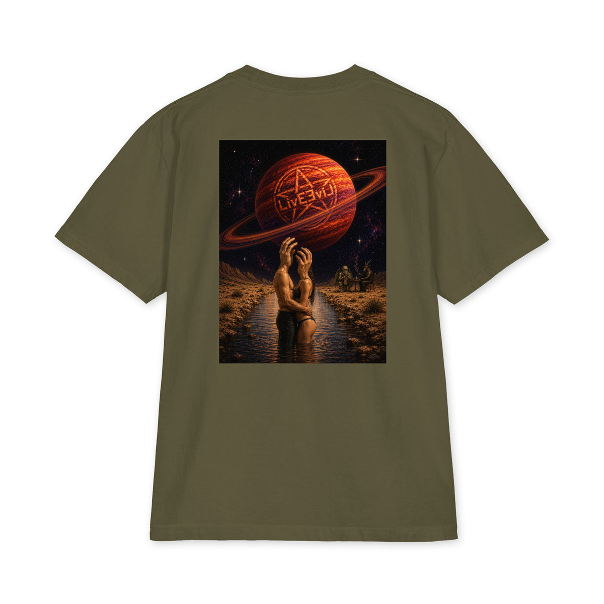 The Wendell LivEƎvi⅃ Big & Tall heavyweight graphic tee in hunter green, back view