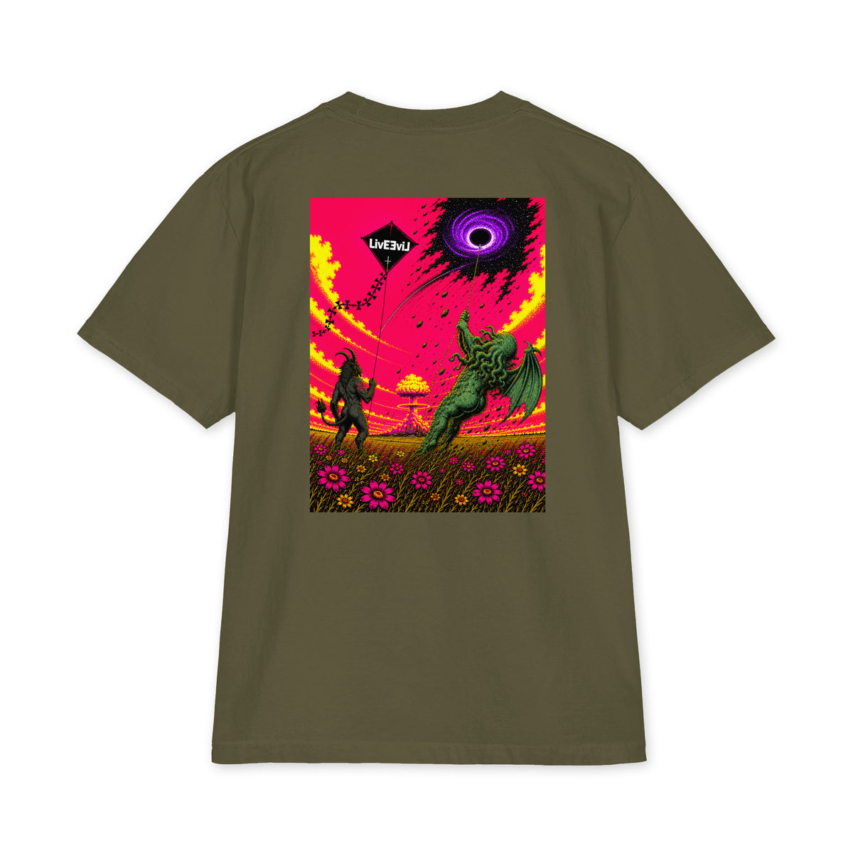 Baphomet and Cthulhu flying kites LivEƎvi⅃ Big & Tall graphic tee in hunter green, back view