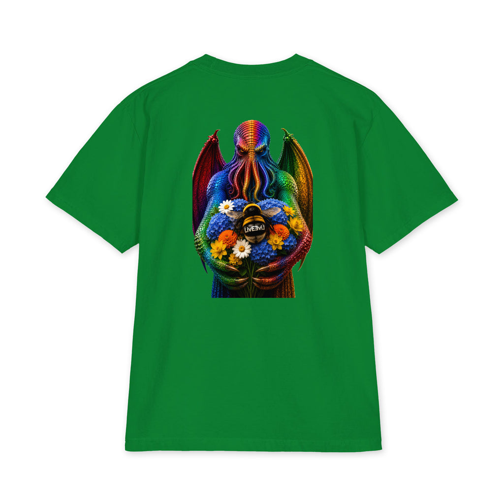 Cthulhu's Beautiful Flowers LivEƎvi⅃ Big & Tall heavyweight graphic tee in kelly green, back view