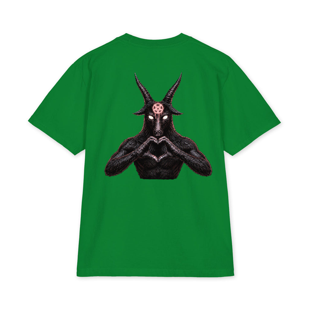 Baphomet Loves You LivEƎvi⅃ Big & Tall heavyweight graphic tee in kelly green, back view