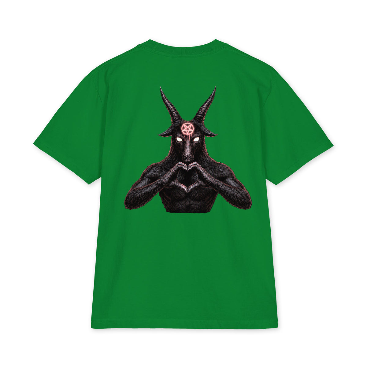 Baphomet Loves You LivEƎvi⅃ Big & Tall heavyweight graphic tee in kelly green, back view