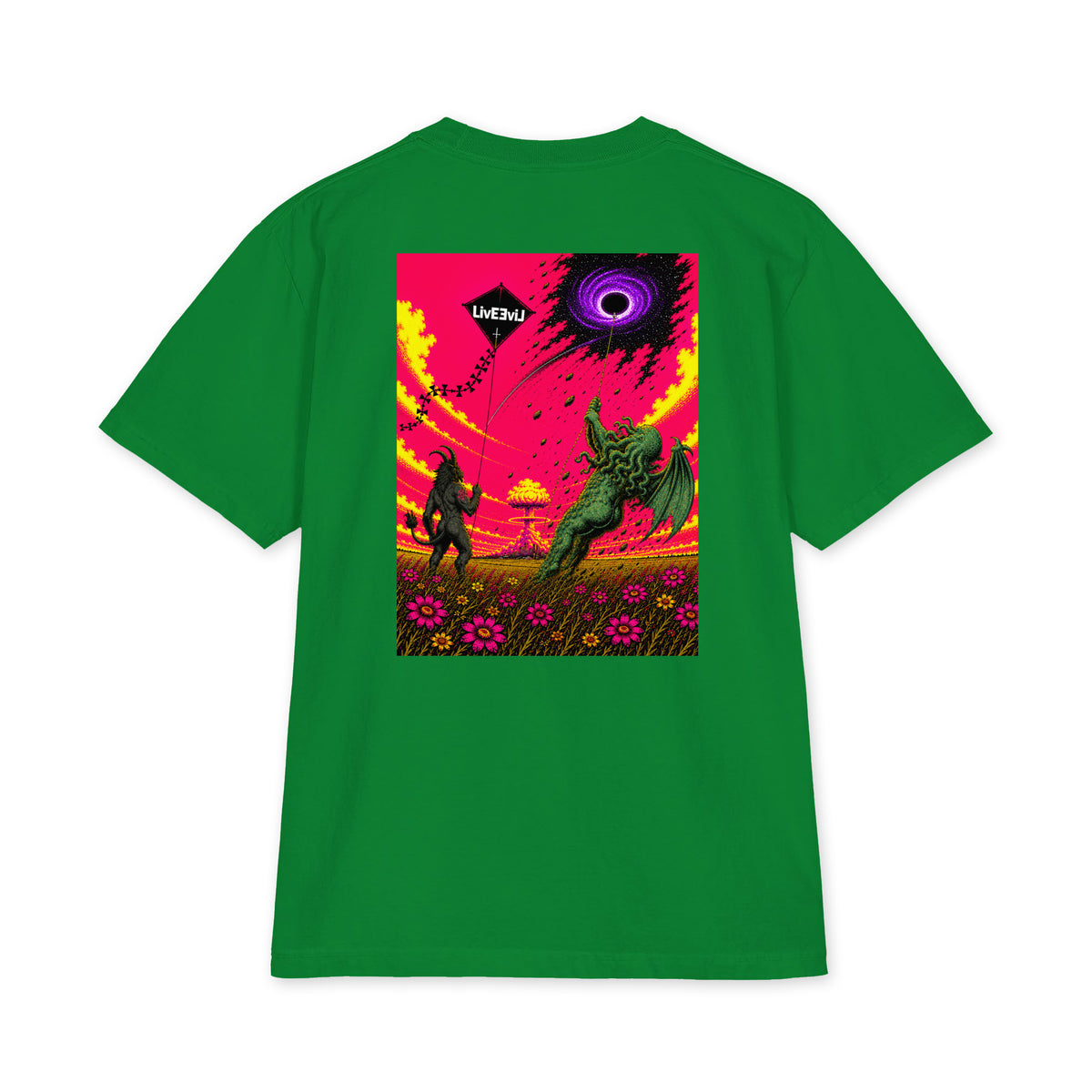Baphomet and Cthulhu flying kites LivEƎvi⅃ Big & Tall graphic tee in kelly green, back view