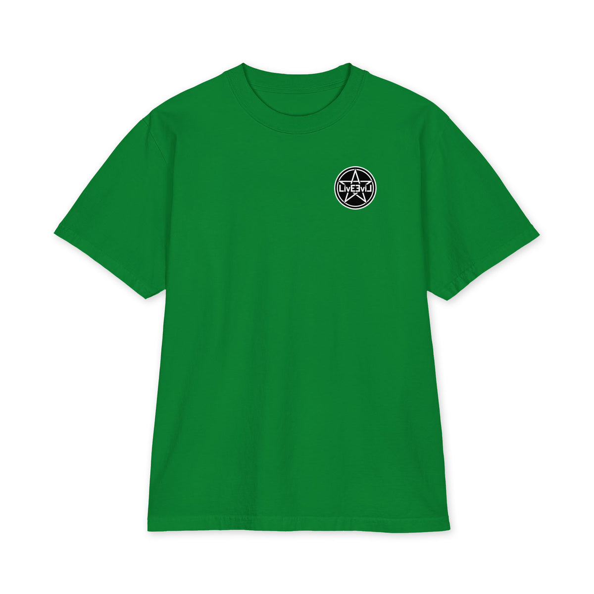 Baphomet Loves You LivEƎvi⅃ Big & Tall heavyweight graphic tee in kelly green, front view
