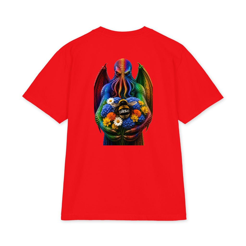 Cthulhu's Beautiful Flowers LivEƎvi⅃ Big & Tall heavyweight graphic tee in red, back view