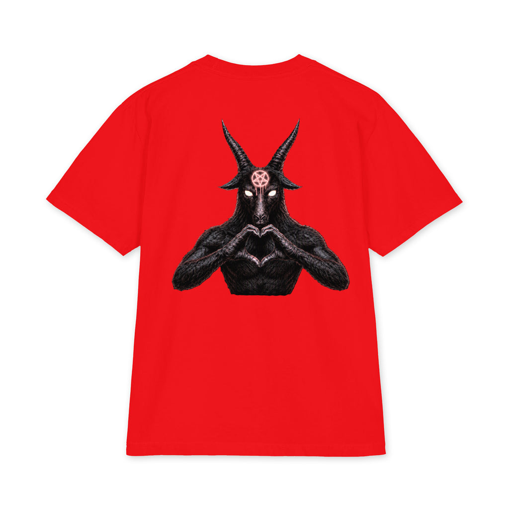 Baphomet Loves You LivEƎvi⅃ Big & Tall heavyweight graphic tee in red, back view