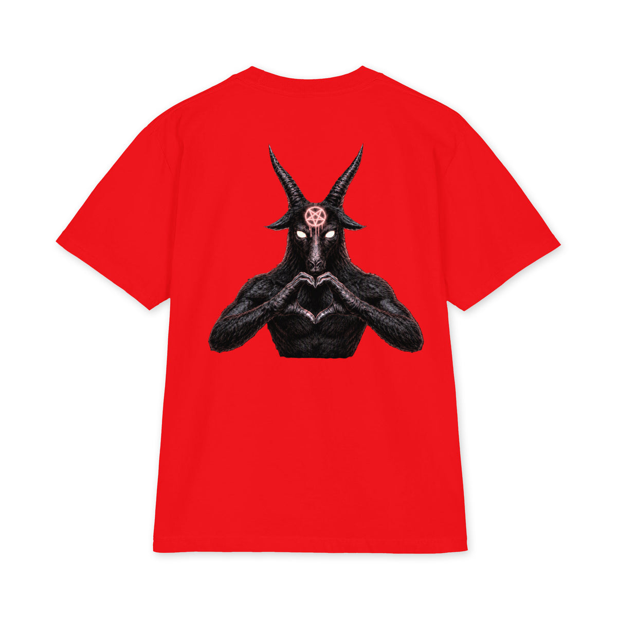 Baphomet Loves You LivEƎvi⅃ Big & Tall heavyweight graphic tee in red, back view
