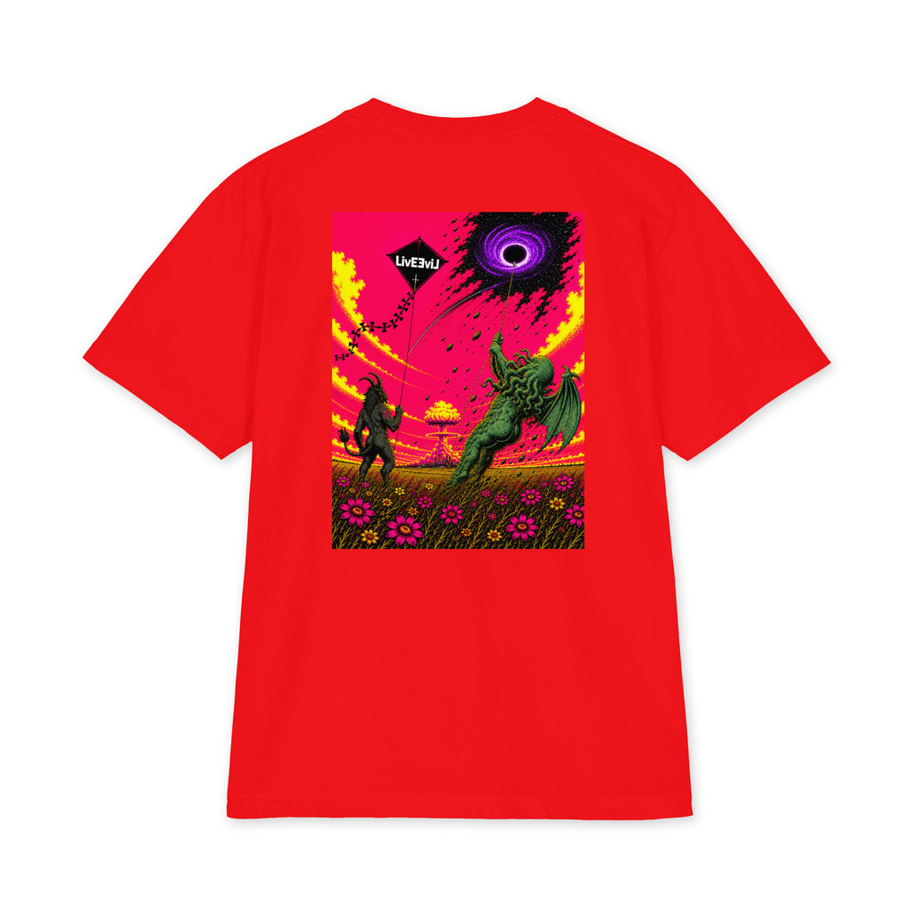 Baphomet and Cthulhu flying kites LivEƎvi⅃ Big & Tall graphic tee in red, back view