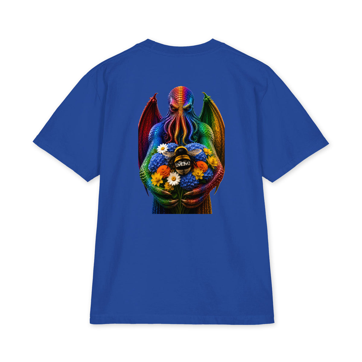 Cthulhu's Beautiful Flowers LivEƎvi⅃ Big & Tall heavyweight graphic tee in royal blue, back view