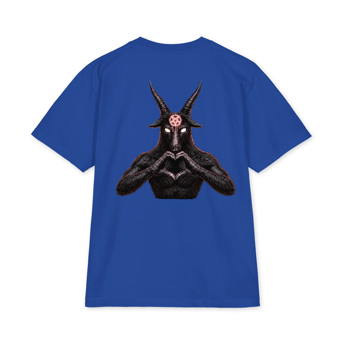 Baphomet Loves You LivEƎvi⅃ Big & Tall heavyweight graphic tee in royal blue, back view