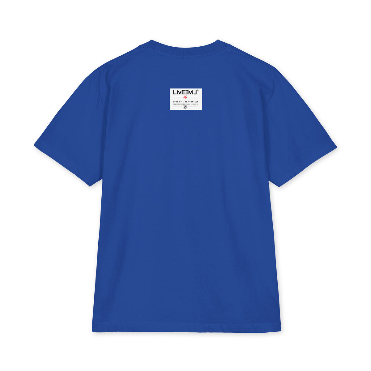 LivEƎvi⅃ Pentagram Big & Tall heavyweight graphic tee in royal blue, back view