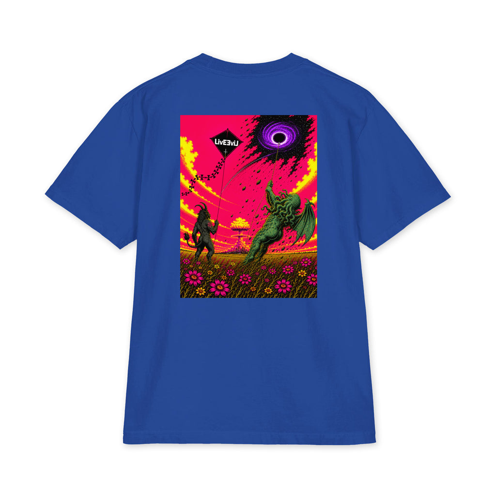 Baphomet and Cthulhu flying kites LivEƎvi⅃ Big & Tall graphic tee in royal blue, back view
