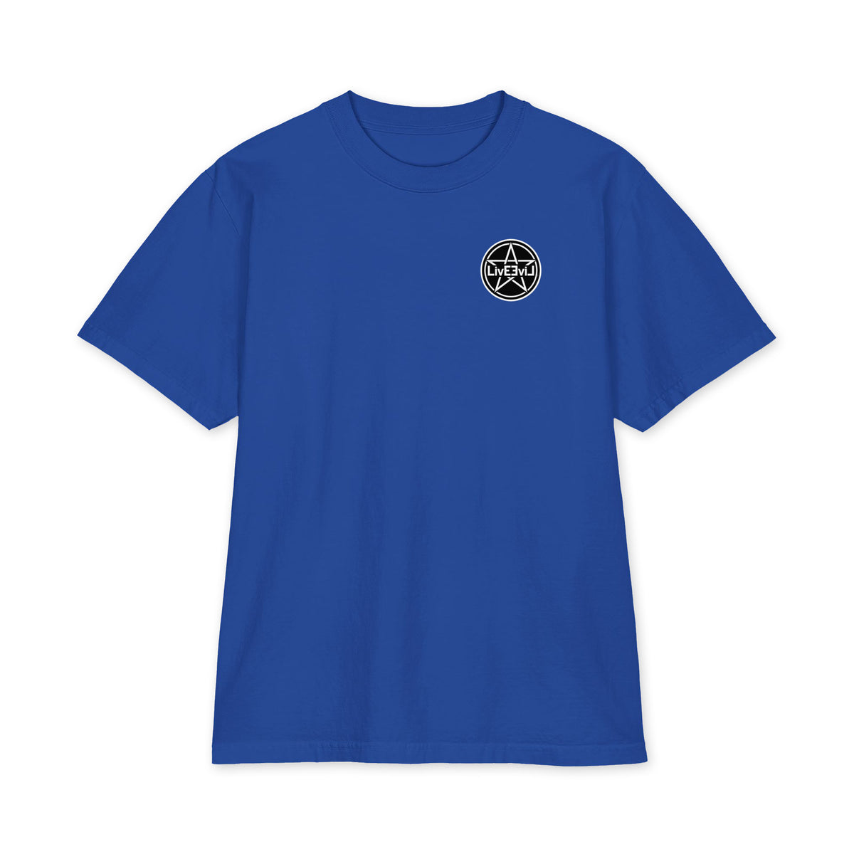 Baphomet Loves You LivEƎvi⅃ Big & Tall heavyweight graphic tee in royal blue, front view