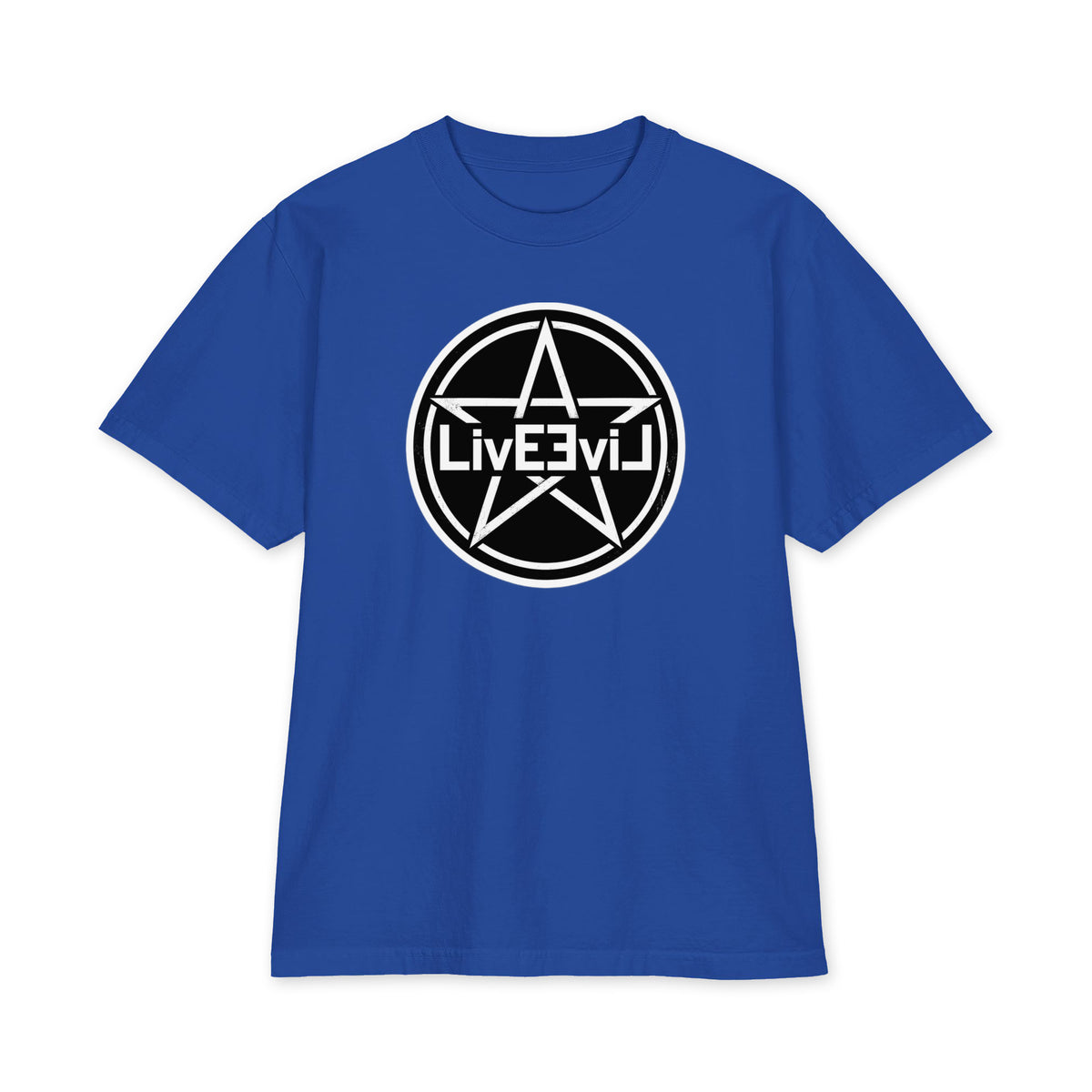 LivEƎvi⅃ Pentagram Big & Tall heavyweight graphic tee in royal blue, front view