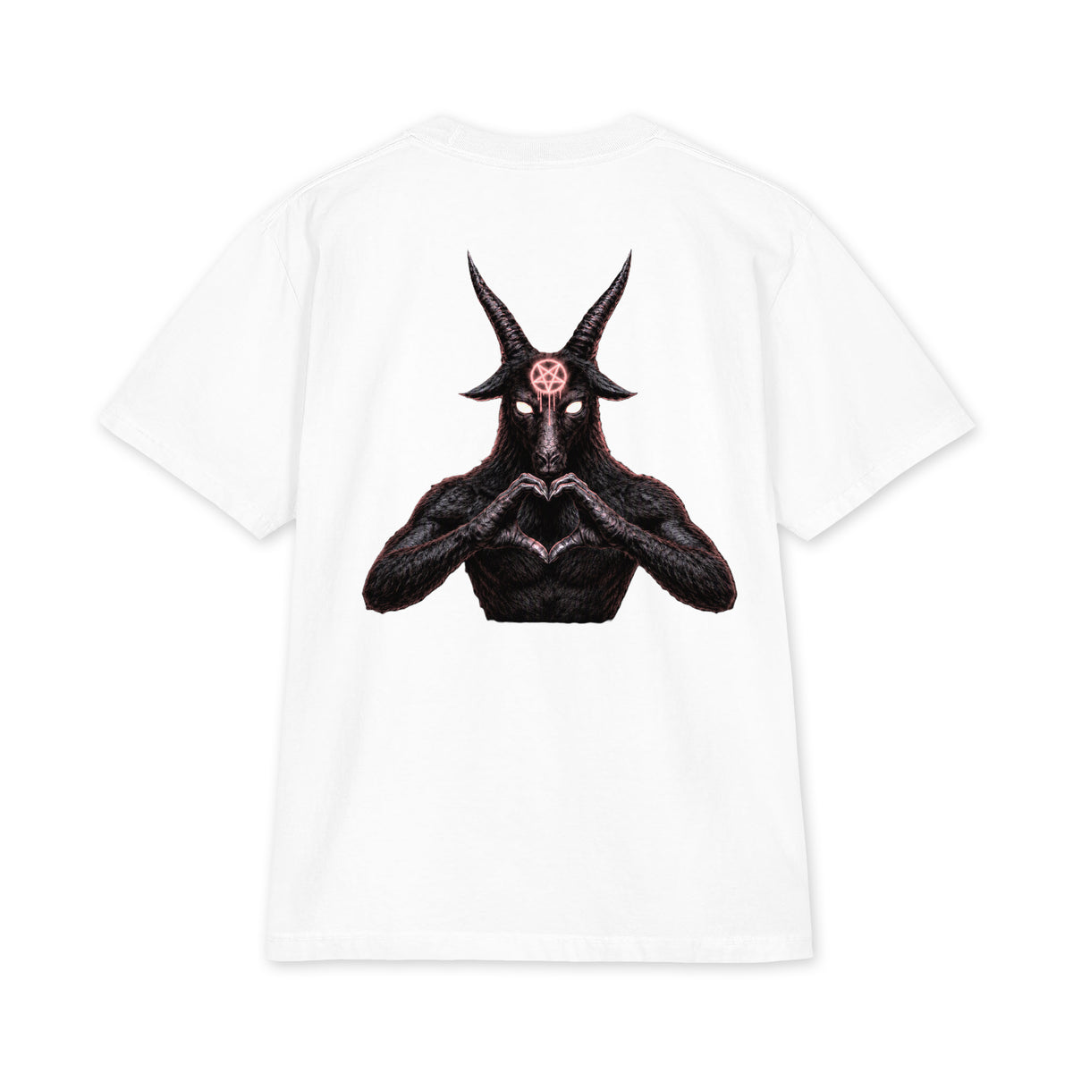 Baphomet Loves You LivEƎvi⅃ Big & Tall heavyweight graphic tee in white, back view