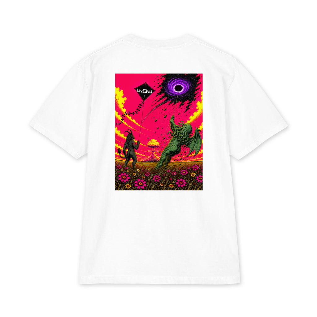 Baphomet and Cthulhu flying kites LivEƎvi⅃ Big & Tall graphic tee in white, back view