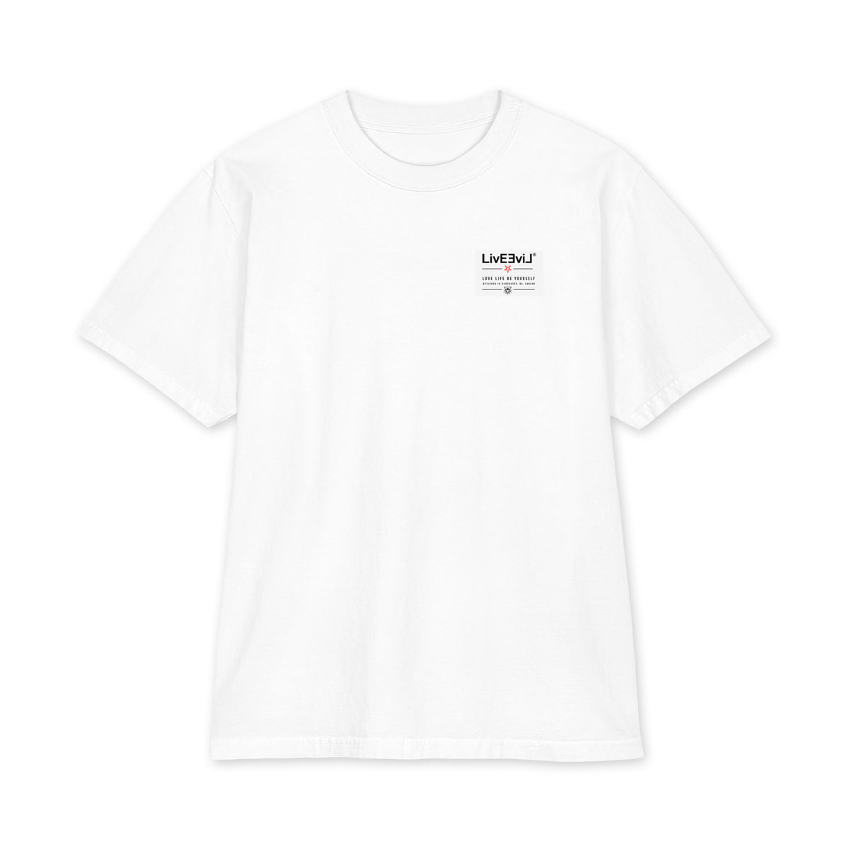 Baphomet and Cthulhu flying kites LivEƎvi⅃ Big & Tall graphic tee in white, front view