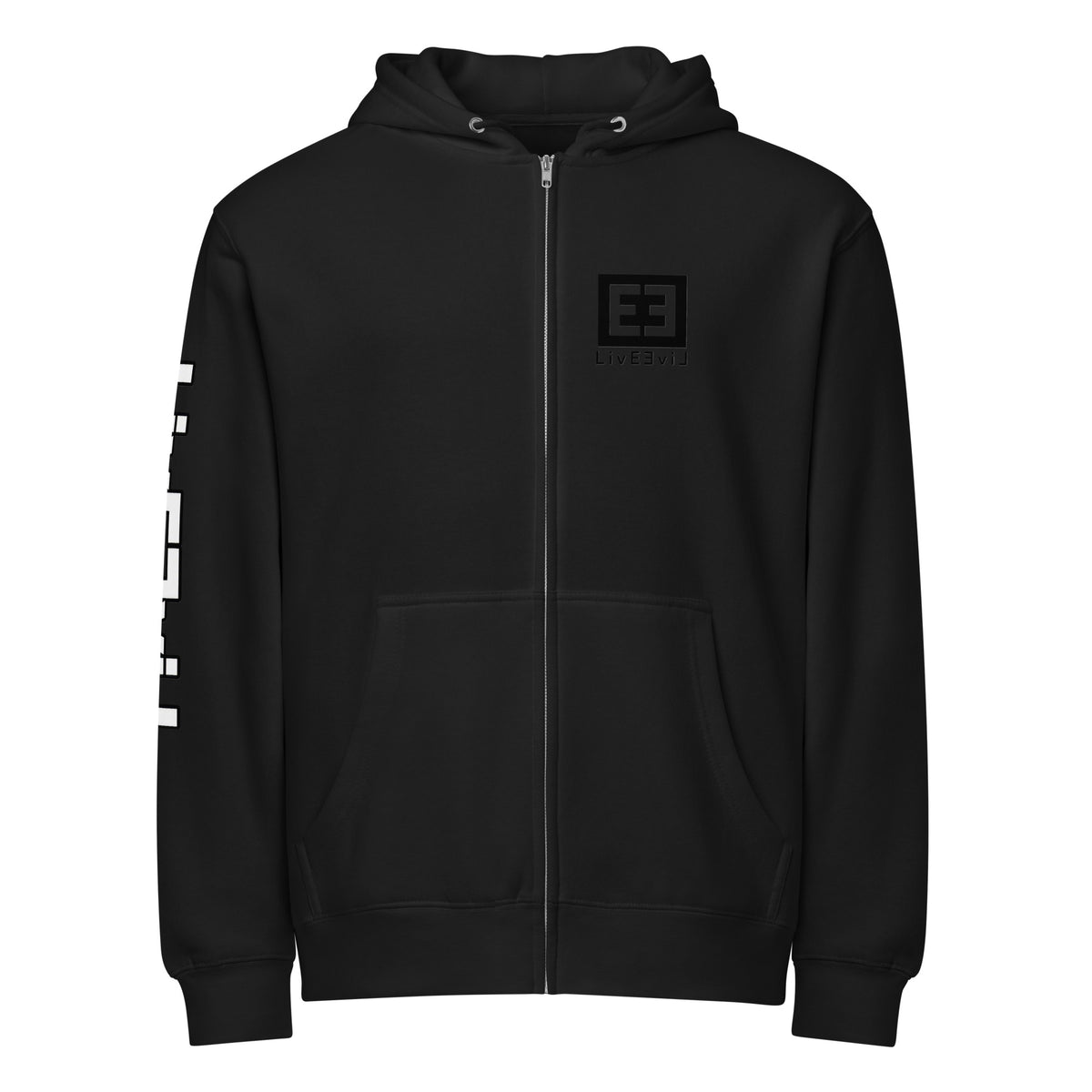LivEƎvi⅃ premium full-zip hoodie in black, front view