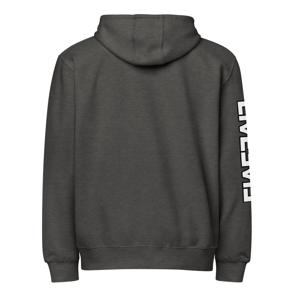 LivEƎvi⅃ premium full-zip hoodie in charcoal heather, back view