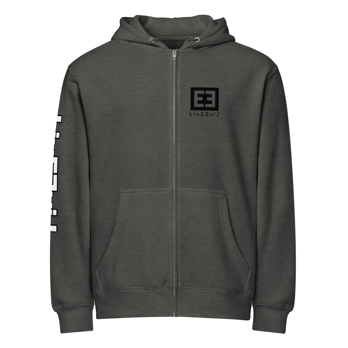 LivEƎvi⅃ premium full-zip hoodie in charcoal heather, front view