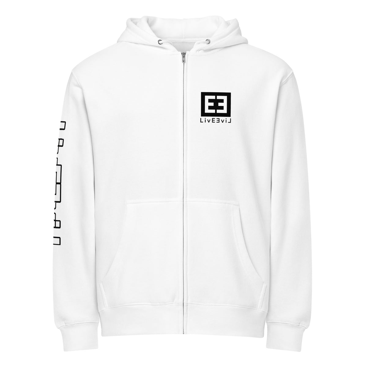 LivEƎvi⅃ premium full-zip hoodie in white, front view