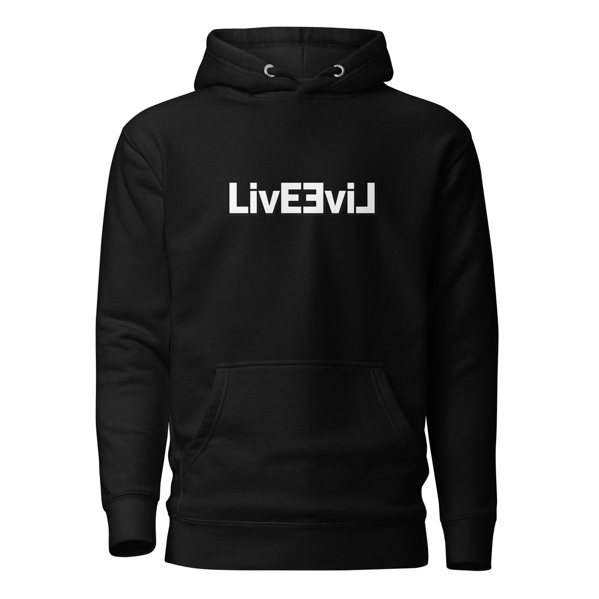 LivEƎvi⅃ 1OF3 graphic pullover hoodie in black, front view