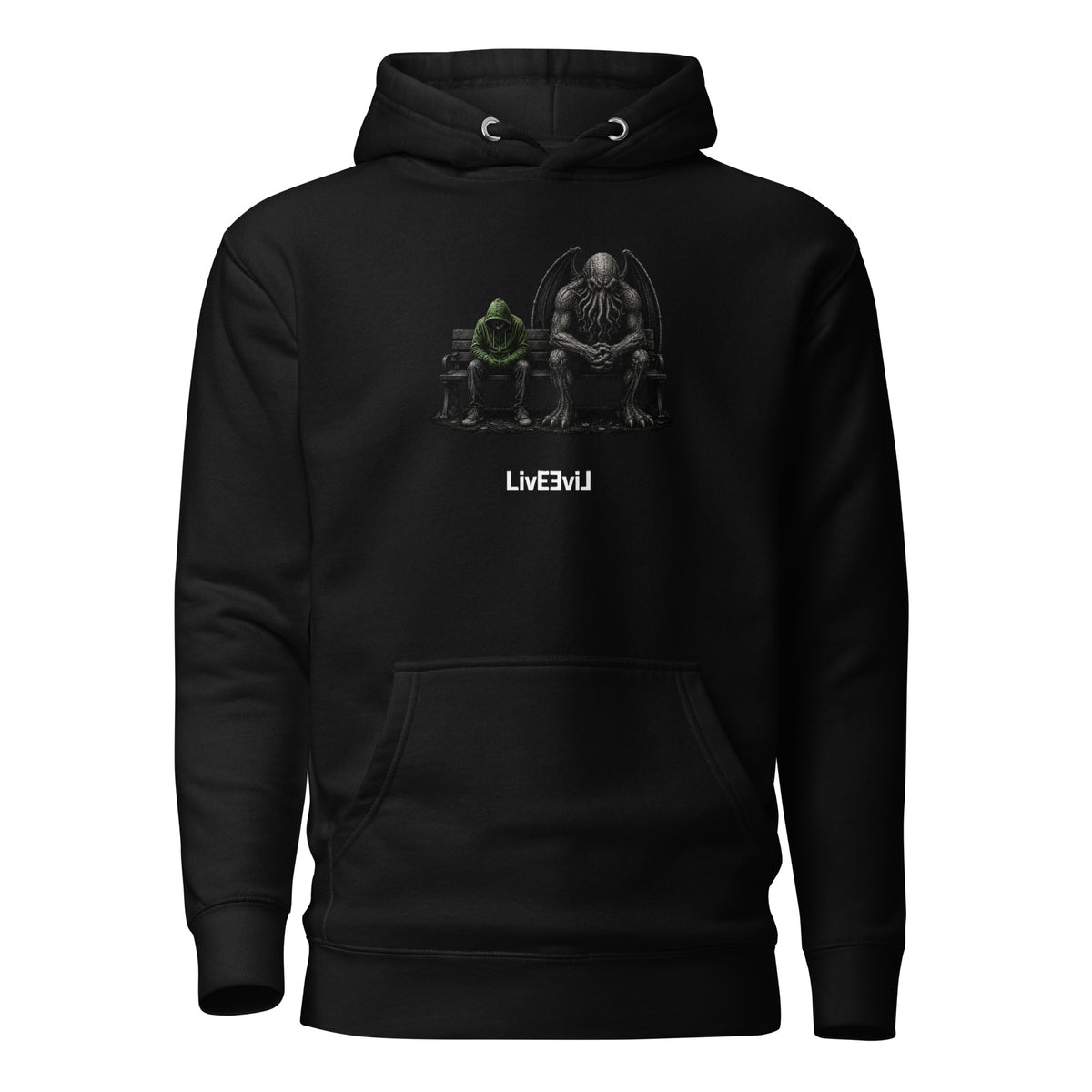 Cthulhu's Empathy 2 LivEƎvi⅃ graphic hoodie in black, front view