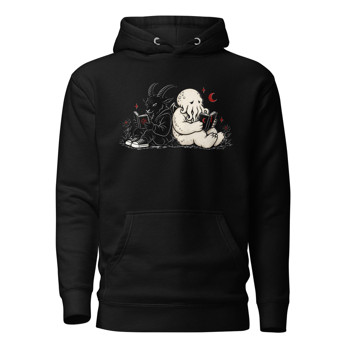 Forbidden Book Club Baphomet and Cthulhu LivEƎvi⅃ hoodie in black, front view