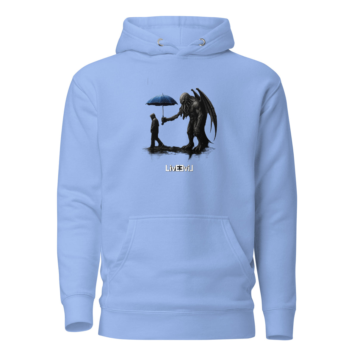 Cthulhu's Empathy 1 LivEƎvi⅃ graphic hoodie in Carolina blue, front view
