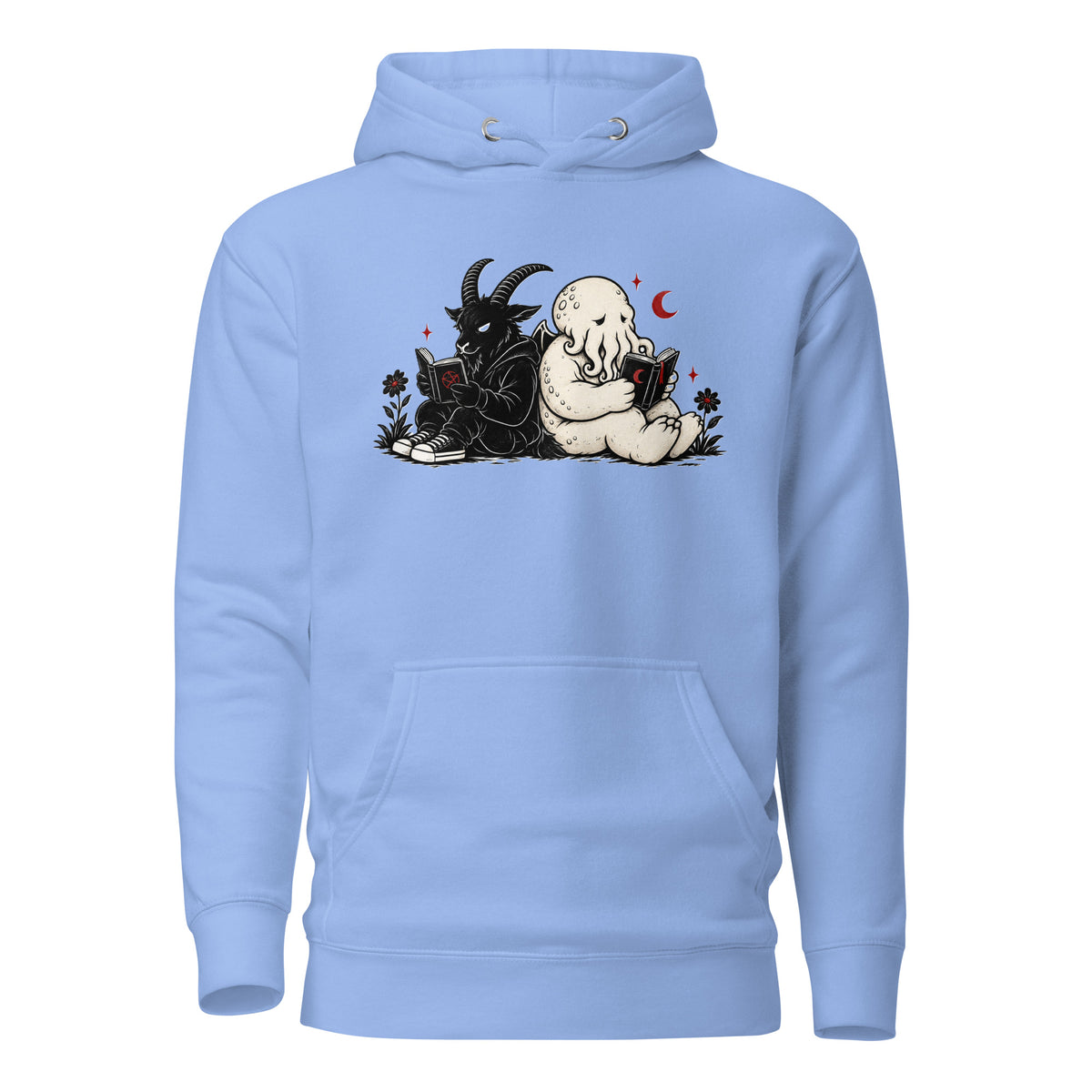 Forbidden Book Club LivEƎvi⅃ graphic hoodie in Carolina blue, front view