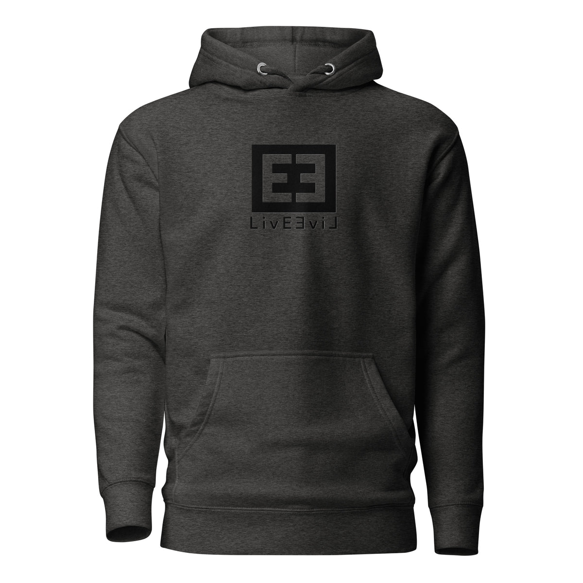 LivEƎvi⅃ 3OF3 graphic hoodie in charcoal heather, front view