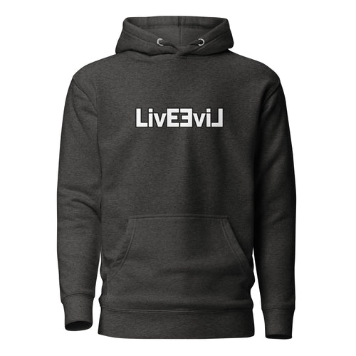 LivEƎvi⅃ 1OF3 graphic pullover hoodie in charcoal heather, front view