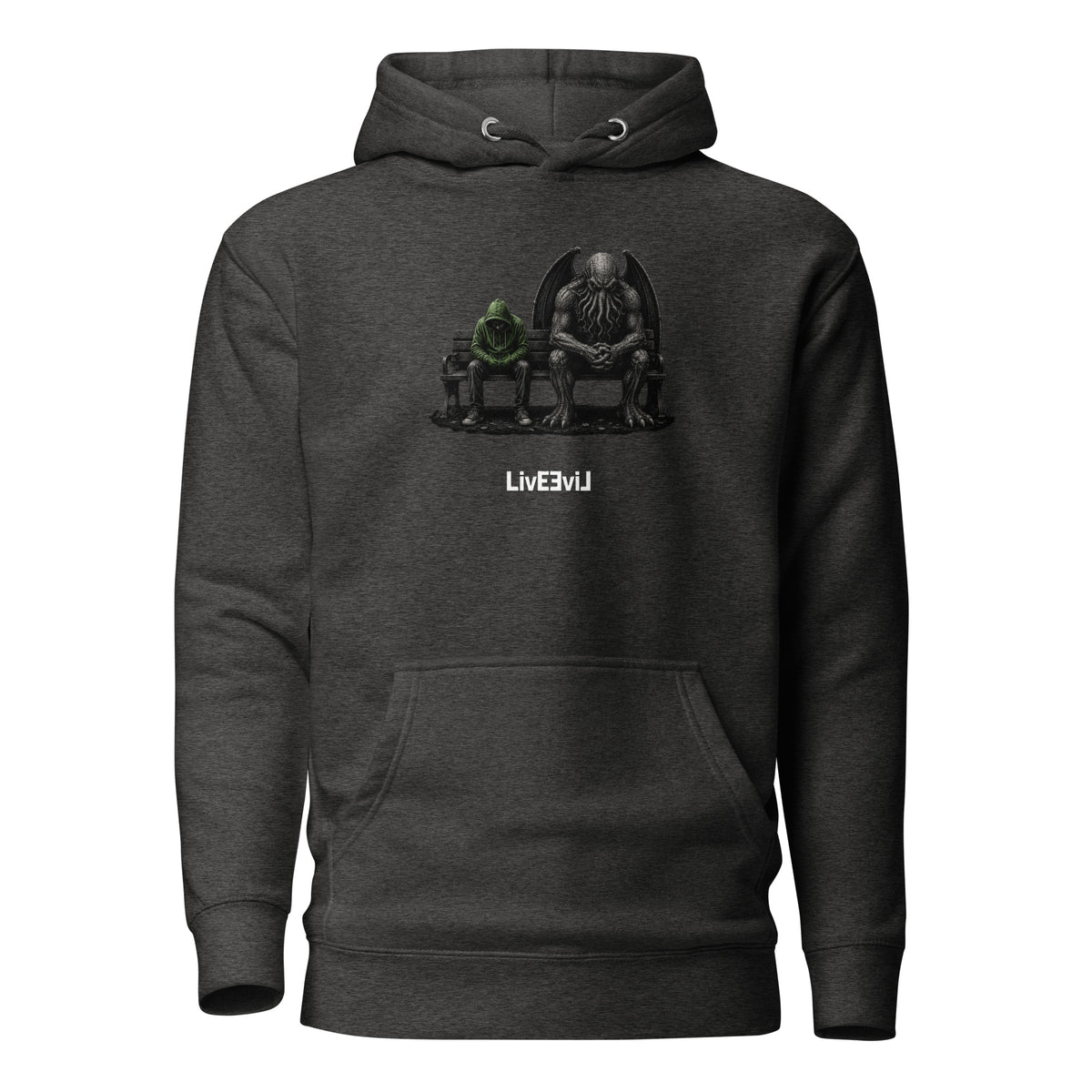 Cthulhu's Empathy 2 LivEƎvi⅃ graphic hoodie in charcoal heather, front view