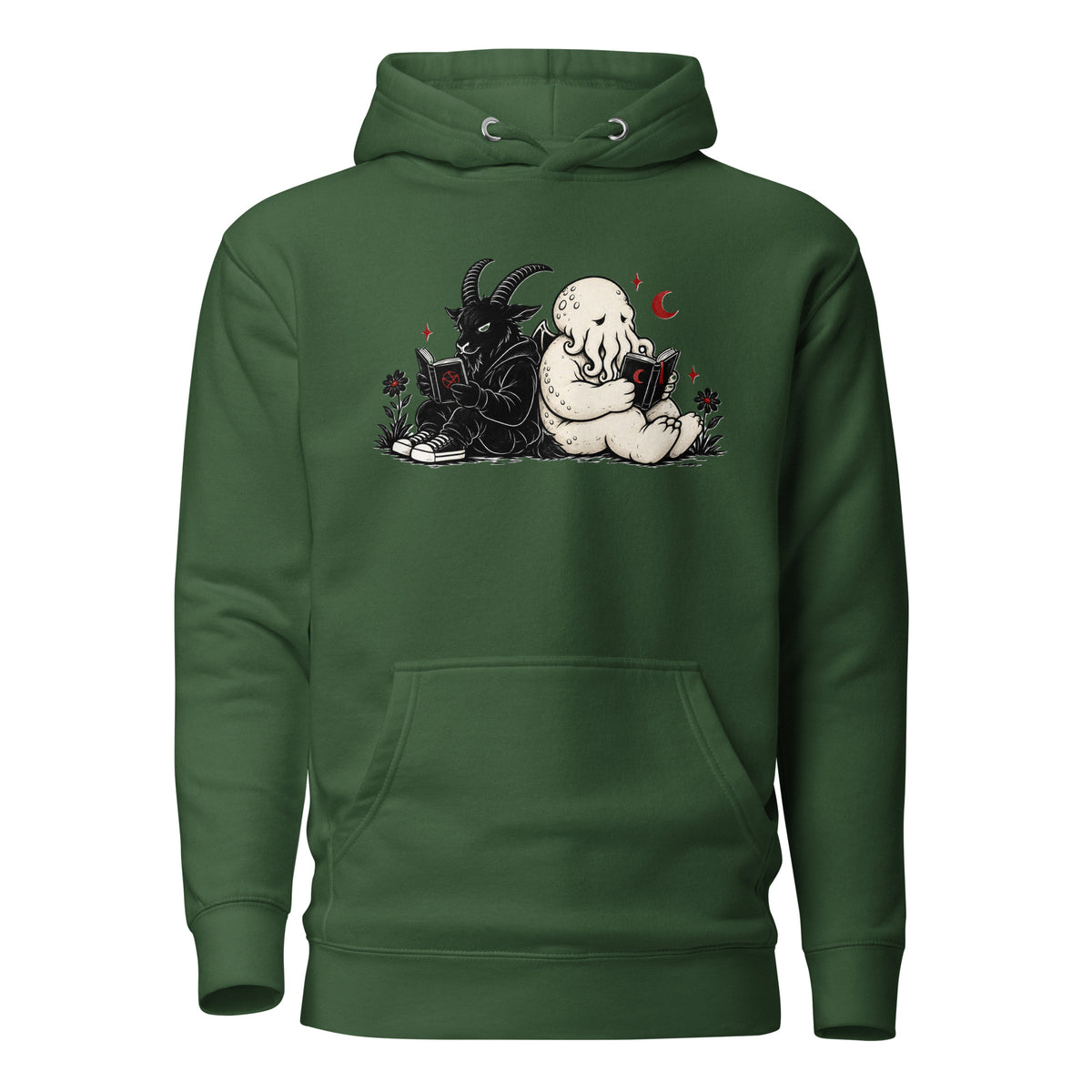 Forbidden Book Club LivEƎvi⅃ graphic hoodie in forest green, front view