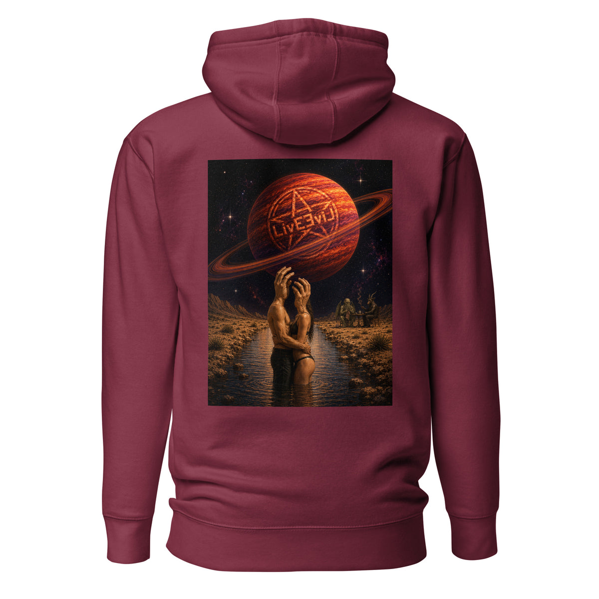 The Wendell LivEƎvi⅃ graphic hoodie in maroon, back view