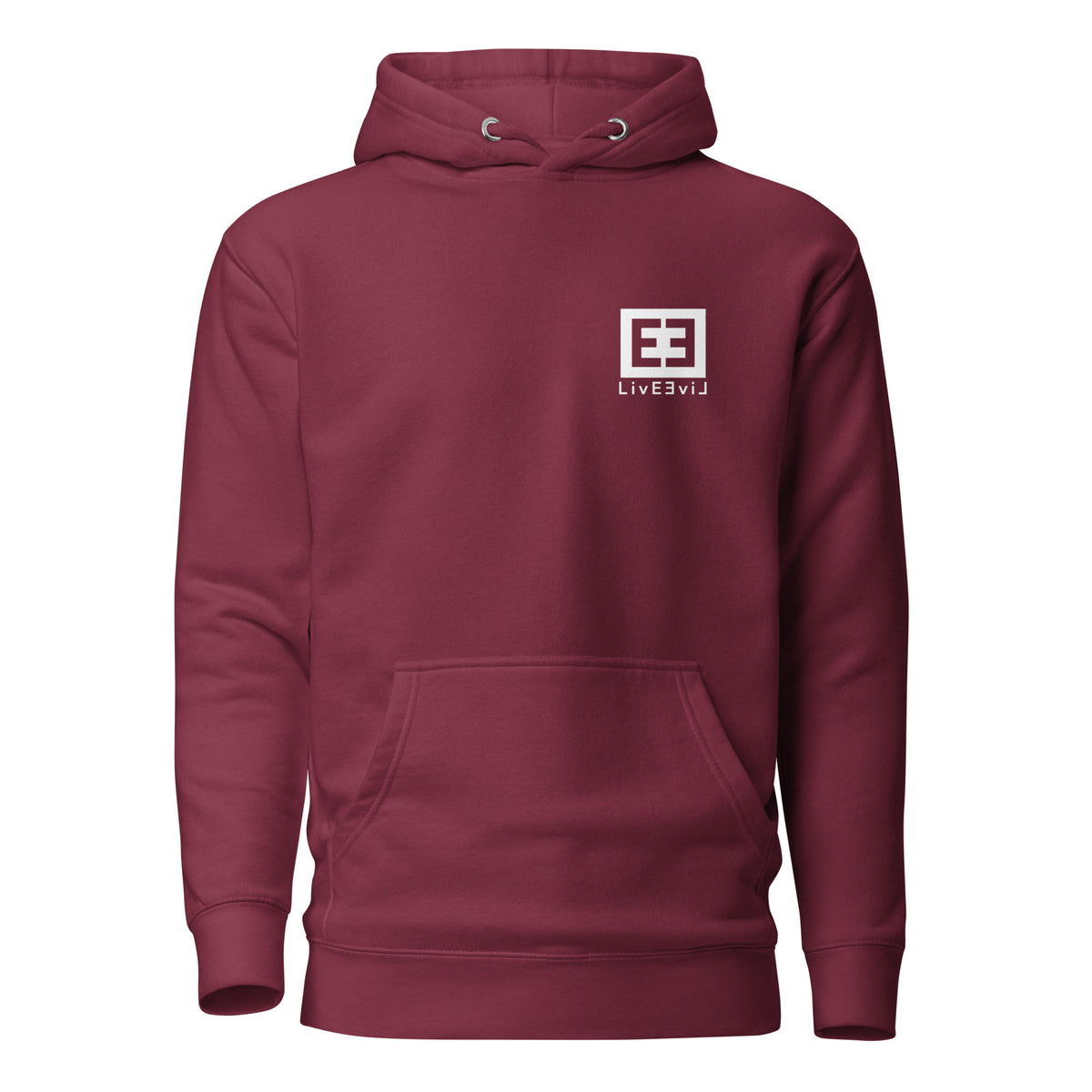 The Wendell LivEƎvi⅃ graphic hoodie in maroon, front view
