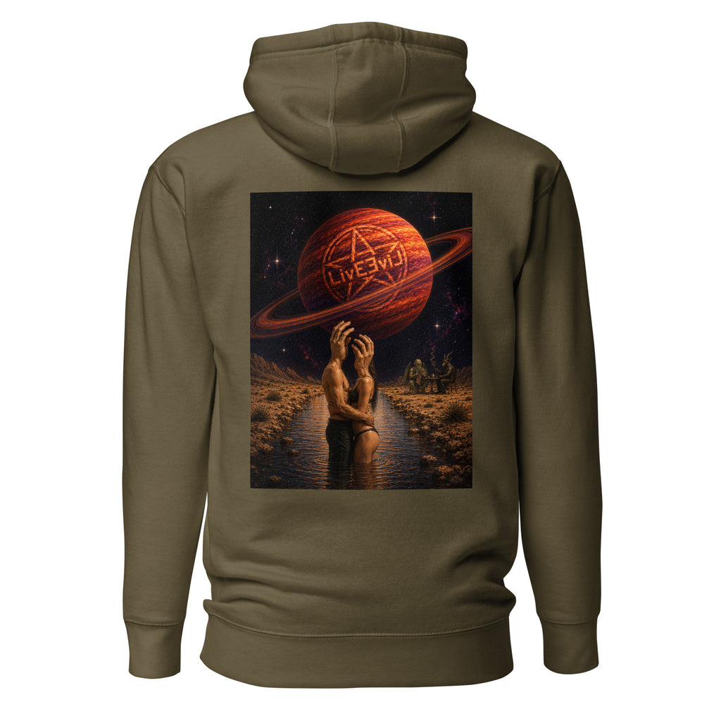 The Wendell LivEƎvi⅃ graphic hoodie in military green, back view