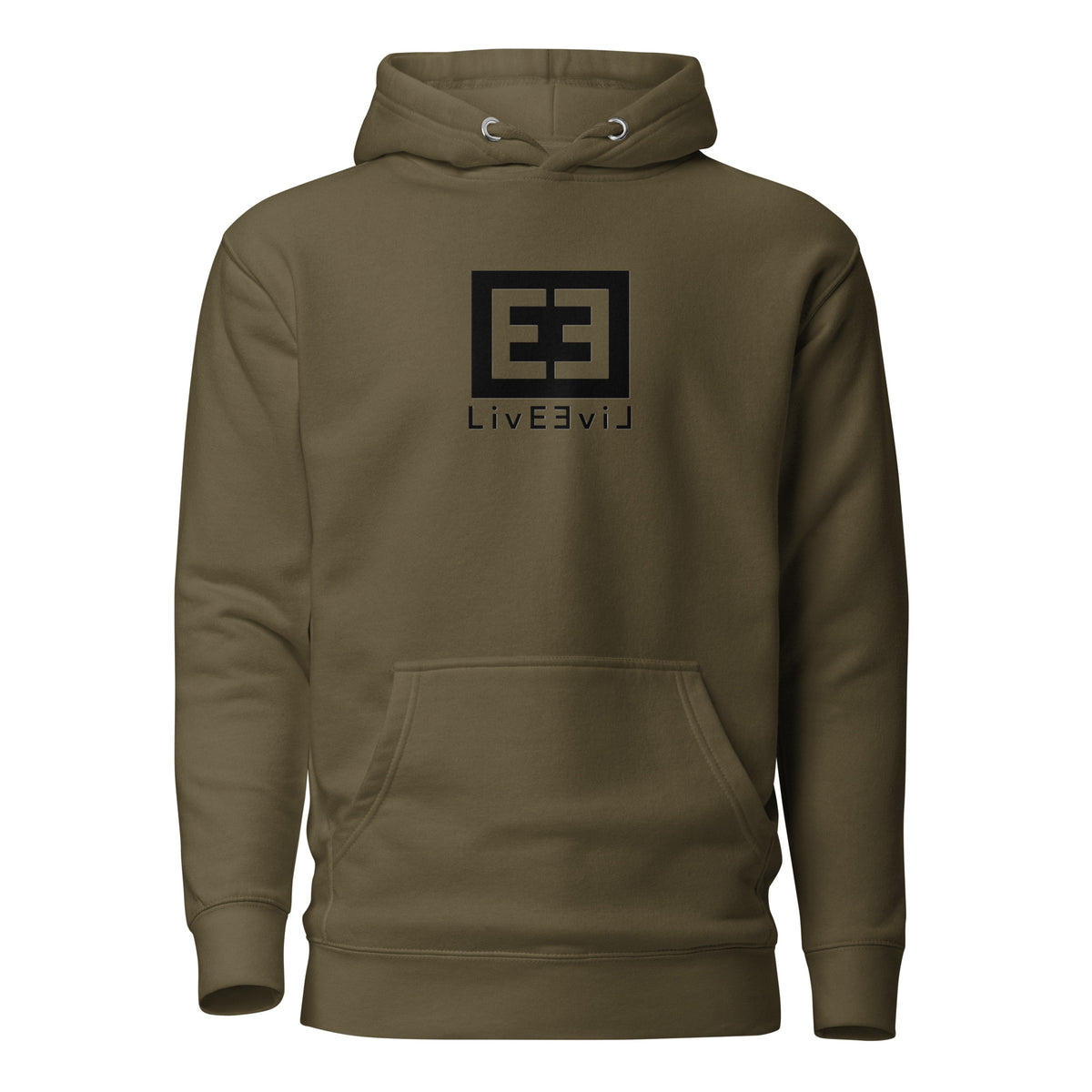 LivEƎvi⅃ 3OF3 graphic hoodie in military green, front view