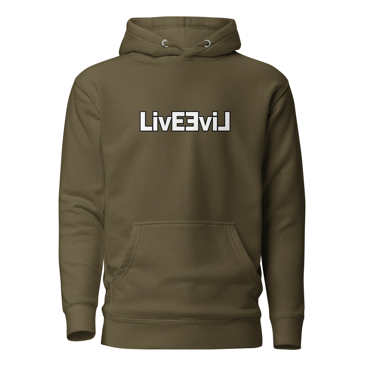 LivEƎvi⅃ 1OF3 graphic pullover hoodie in military green, front view