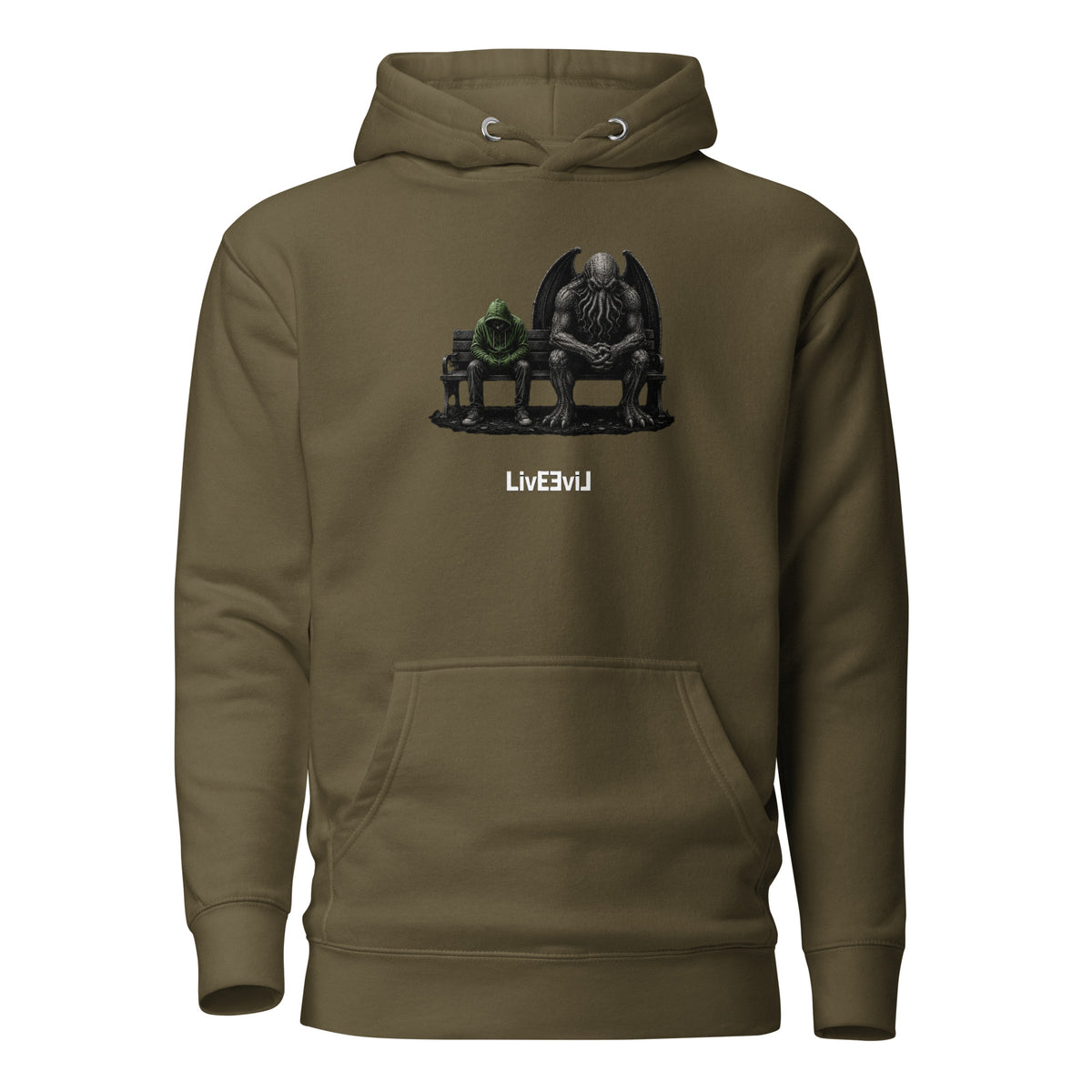 Cthulhu's Empathy 2 LivEƎvi⅃ graphic hoodie in military green, front view
