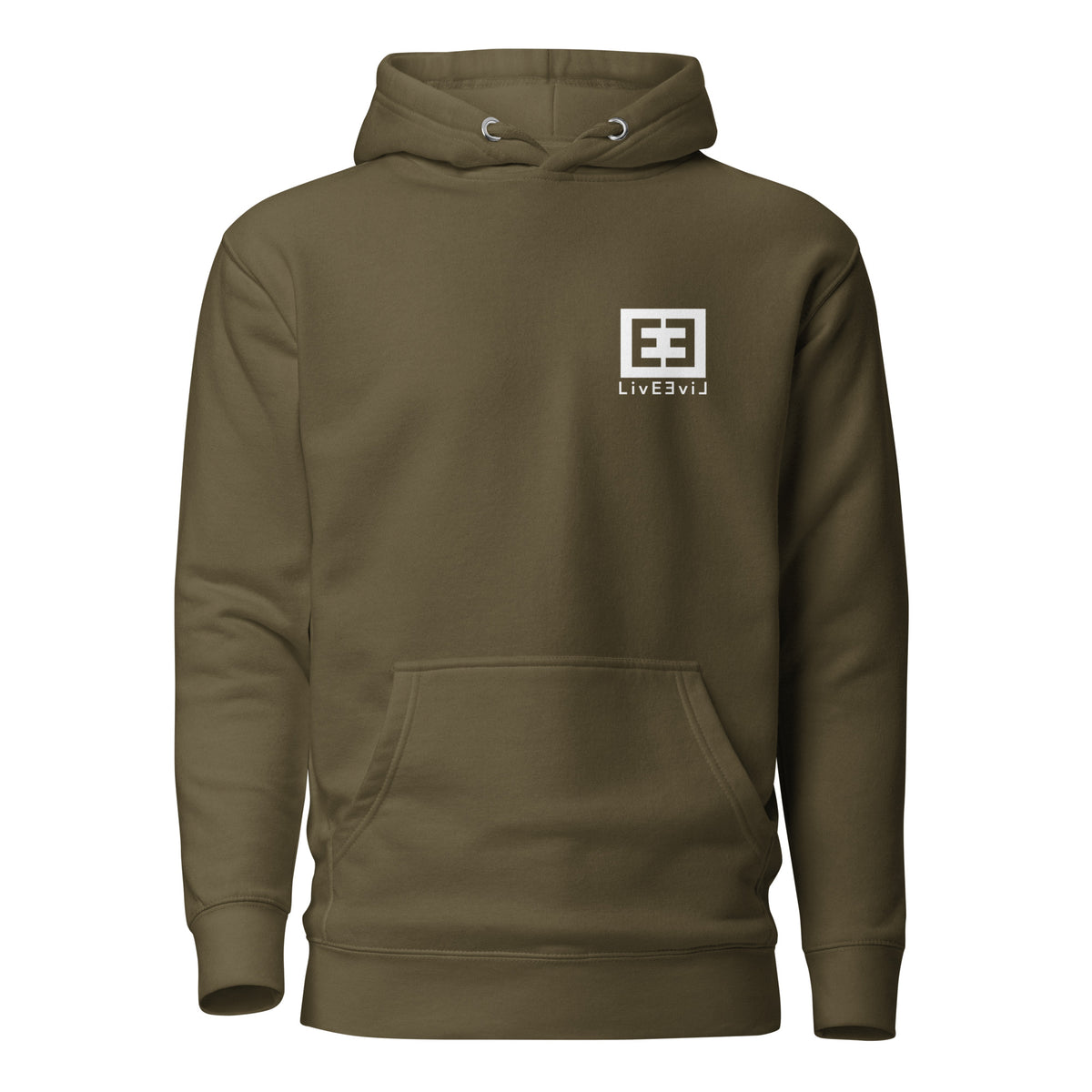 The Wendell LivEƎvi⅃ graphic hoodie in military green, front view