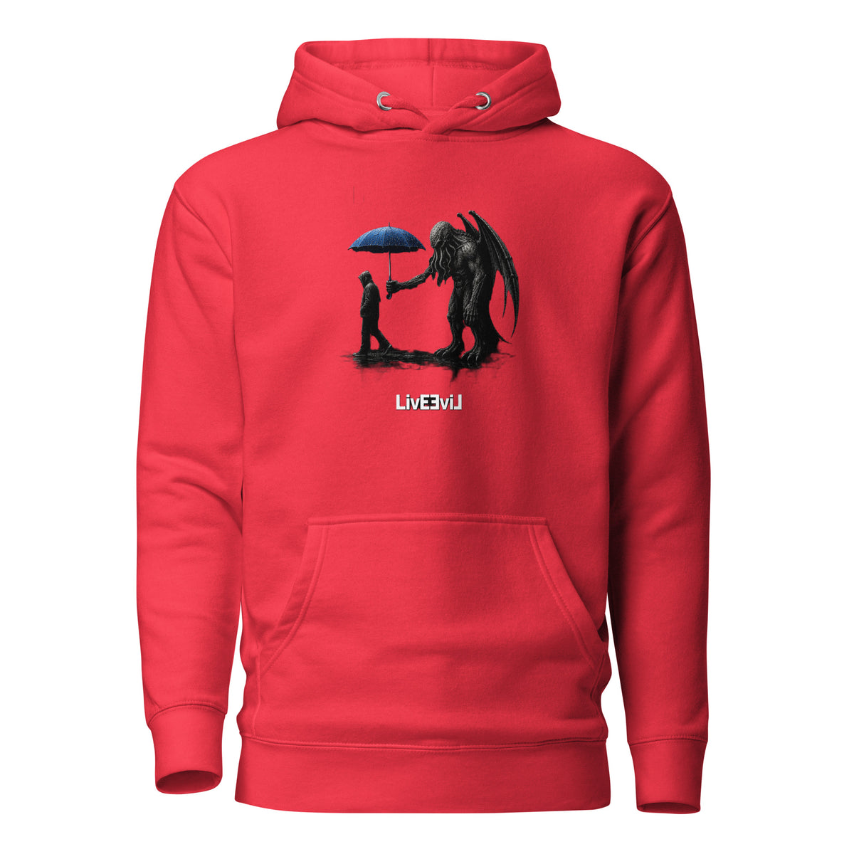 Cthulhu's Empathy 1 LivEƎvi⅃ graphic hoodie in team red, front view