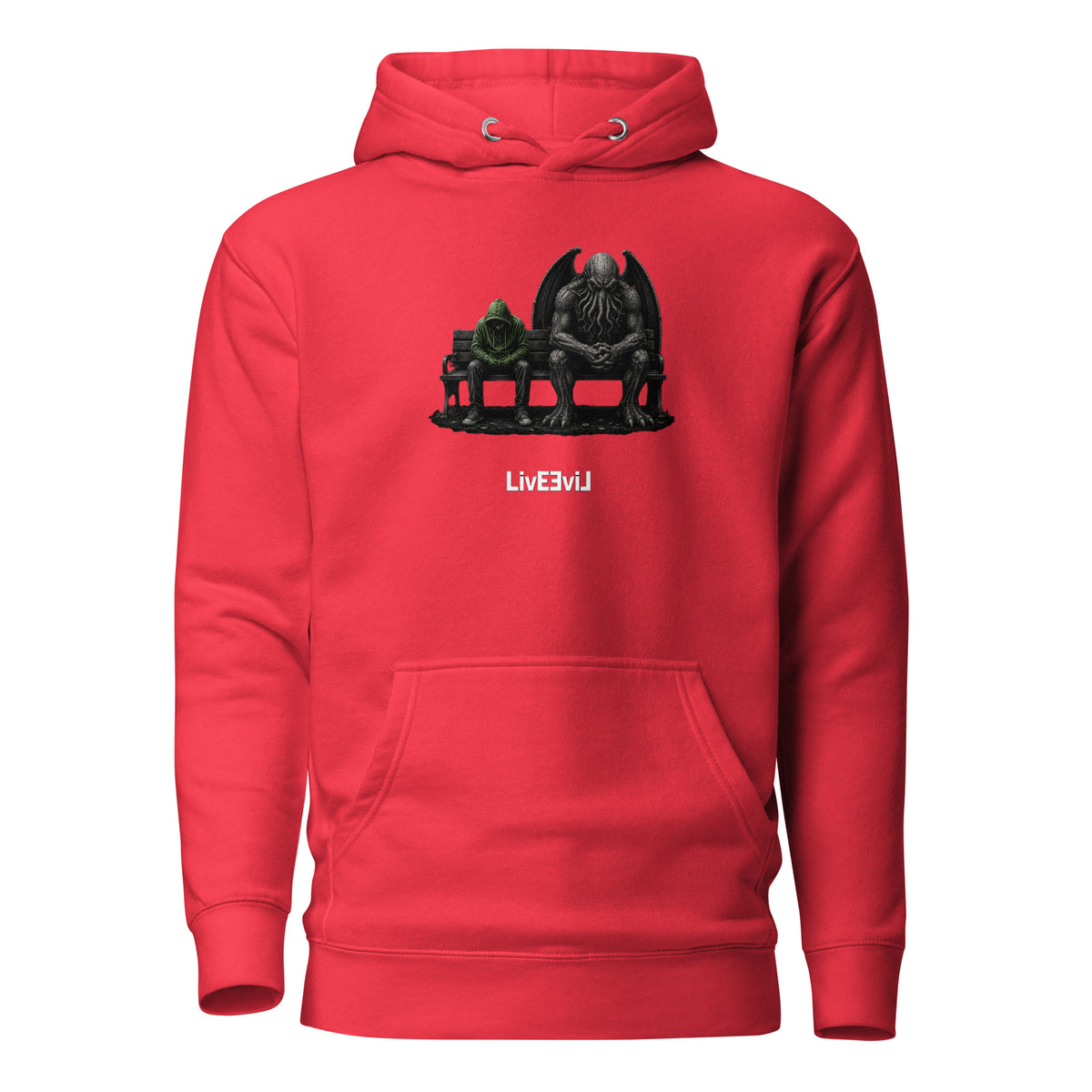 Cthulhu's Empathy 2 LivEƎvi⅃ graphic hoodie in team red, front view