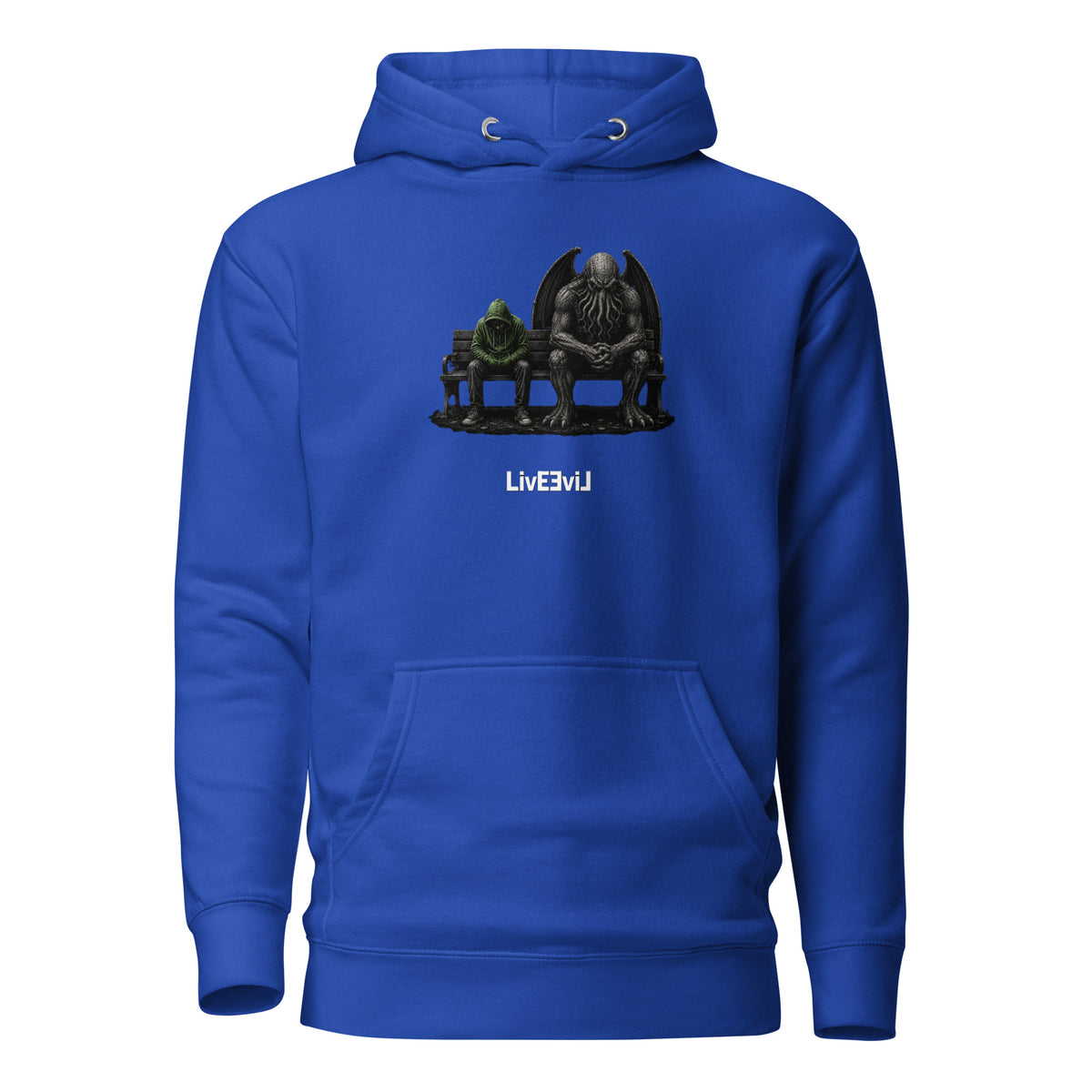 Cthulhu's Empathy 2 LivEƎvi⅃ graphic hoodie in team royal, front view