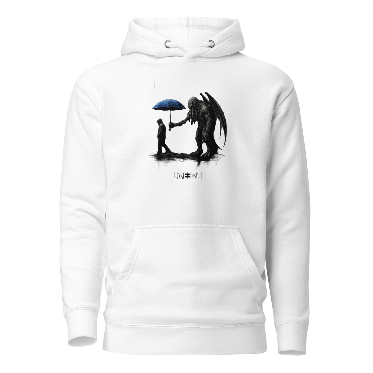 Cthulhu's Empathy 1 LivEƎvi⅃ graphic hoodie in white, front view