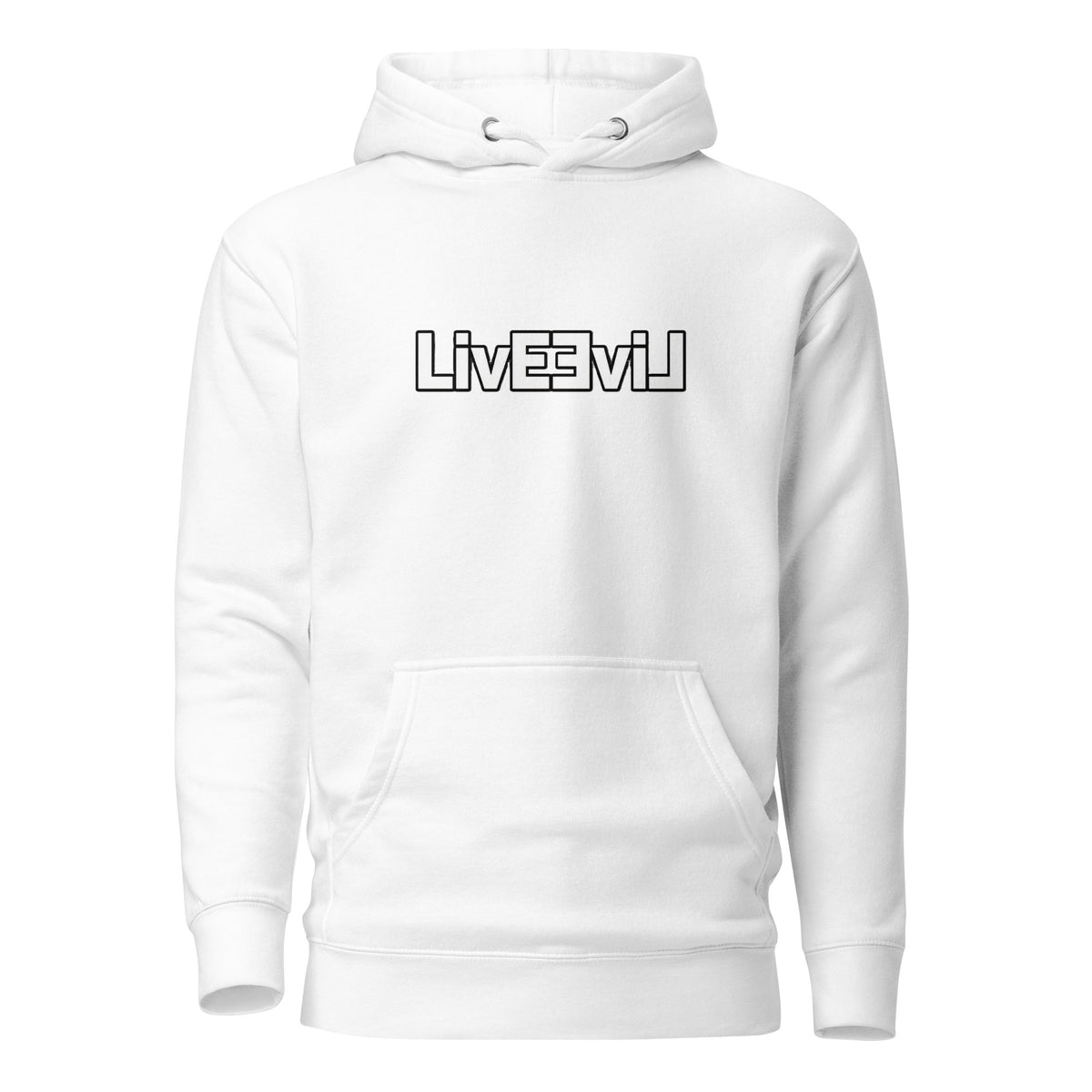 LivEƎvi⅃ 1OF3 graphic pullover hoodie in white, front view