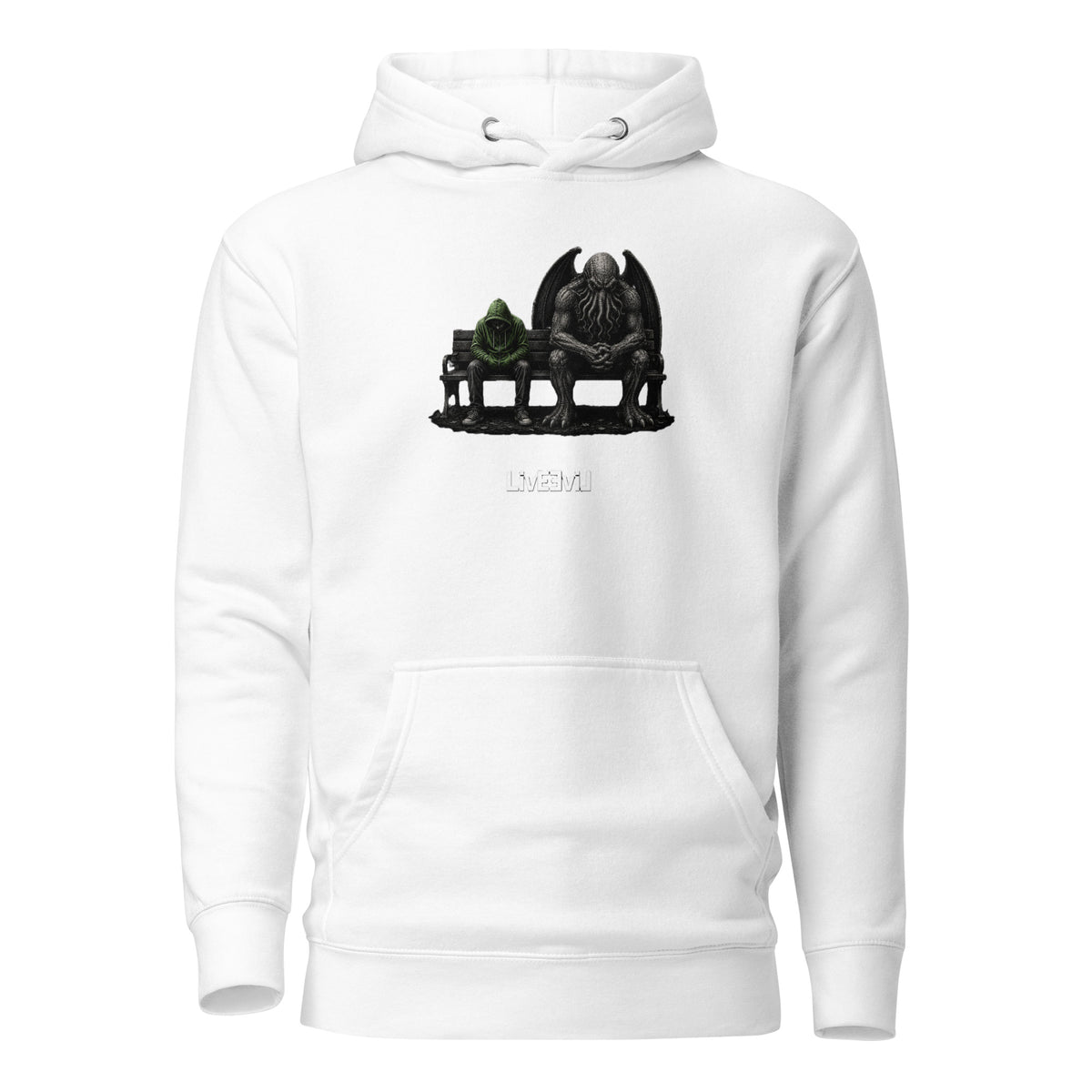 Cthulhu's Empathy 2 LivEƎvi⅃ graphic hoodie in white, front view