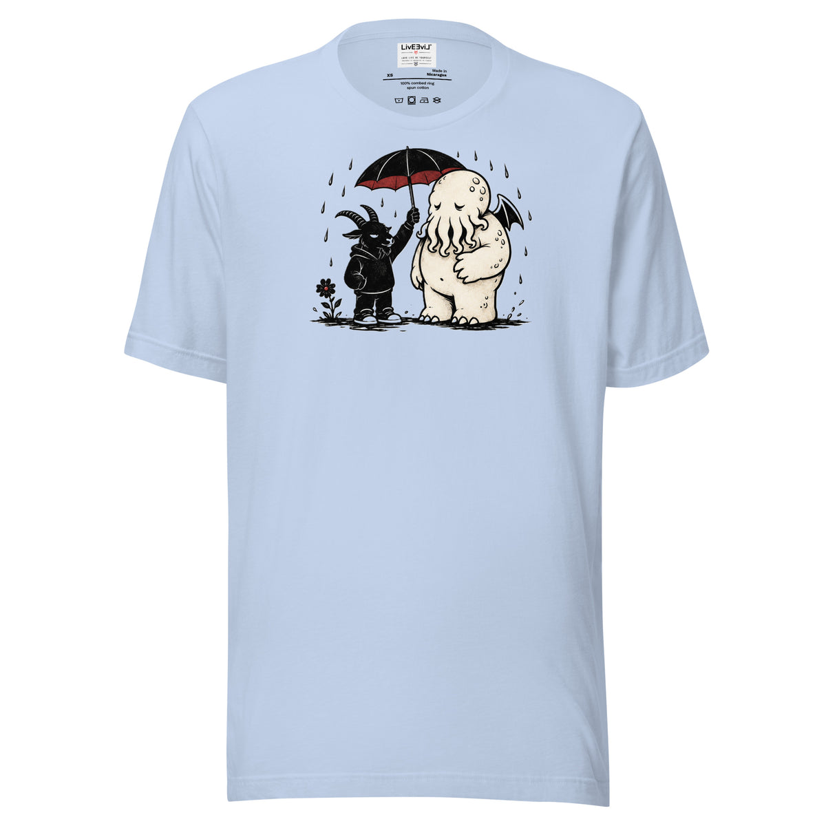 Rainy Day Ritual LivEƎvi⅃ graphic tee in baby blue, front view